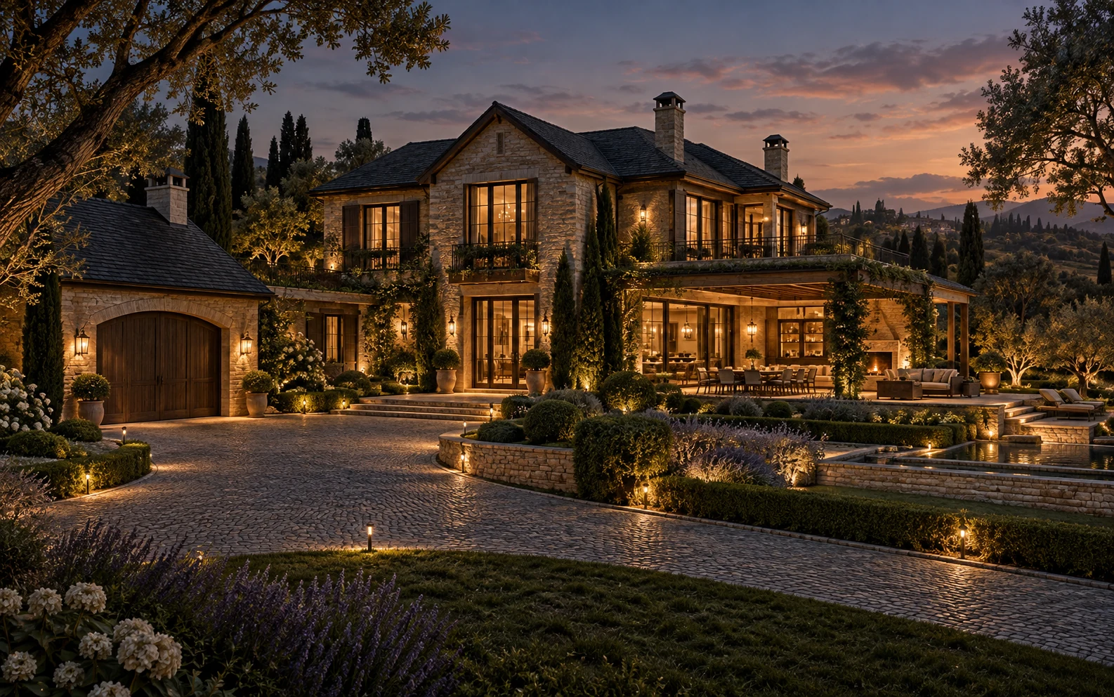 A completed home and garden at dusk